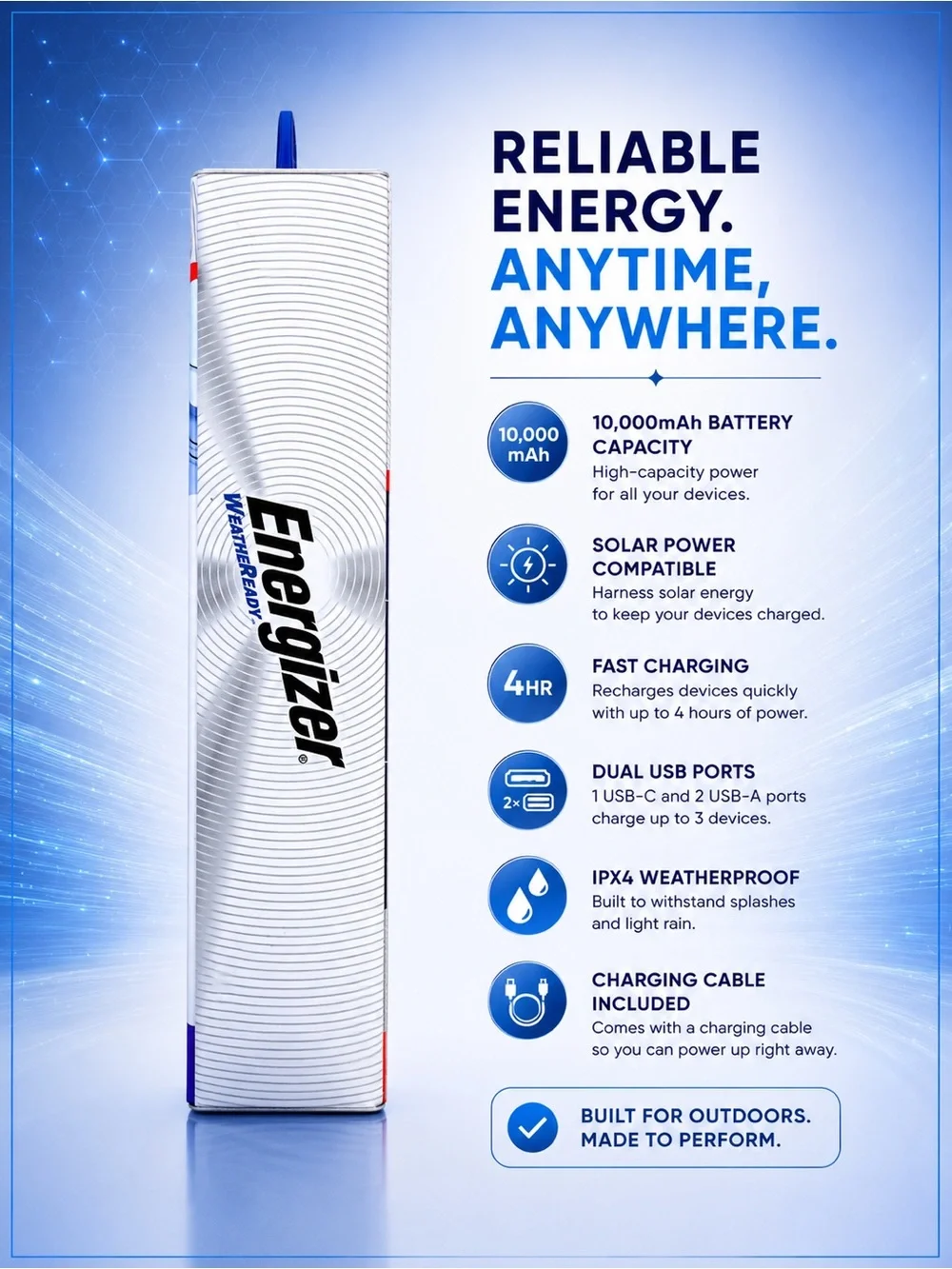 Energizer Black WeatherReady Solar Power Bank - 10,000mAh, USB & Type-C